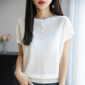 夏季女装新款曲珠冰麻丝短袖女针织衫T恤女圆领背心上衣