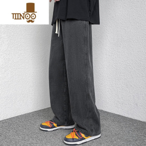 YANXU新款牛仔裤男系绳潮流宽松阔腿裤直筒美式复古长裤子潮牌ins