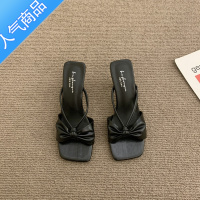 SUNTEK法式气质蝴蝶结高跟凉鞋女2023夏季百搭一字带细带方头凉拖鞋外穿