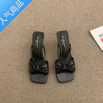 SUNTEK法式气质蝴蝶结高跟凉鞋女2023夏季百搭一字带细带方头凉拖鞋外穿