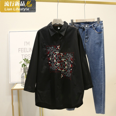 恋名媛加肥加大码女装新款春装胖mm宽松绣花衬衣中长款洋气遮肚子衬衫大码女装