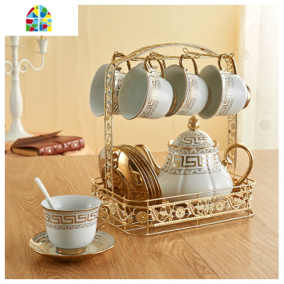 陶瓷冷水壶套装水具家用水杯子可高温欧式创意茶具 FENGHOU 金色年华6杯碟+壶送6勺送架子凉水壶