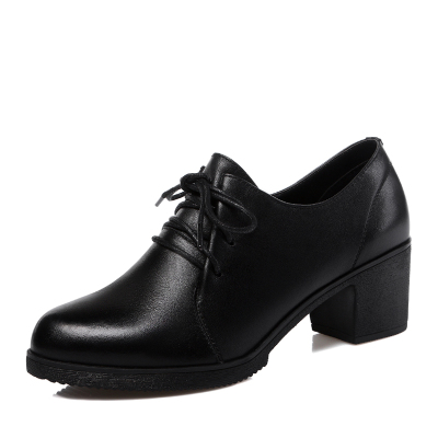 歌爱妮2021春秋新款单鞋女真皮牛皮系带休闲深口工作鞋中跟粗跟女士皮鞋