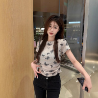 蝴蝶印花抽褶圆领短袖T恤女夏季2025新款收腰显瘦短款套头上衣ins