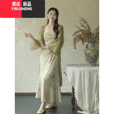 YIBUSHENG新中式国风一尧[竹雾森林]复古吊带连衣裙女碎花两件套