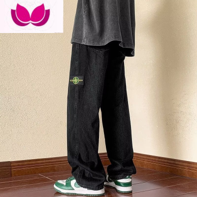 七斓黑色复古牛仔裤男直筒宽松阔腿美式高街ins潮牌休闲长裤子