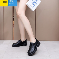 聚范女厚底黑色皮鞋乐福鞋平底软底防滑系带中跟轻便工作鞋松糕底单鞋