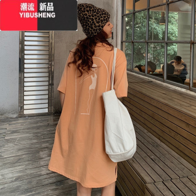 YIBUSHENG2024季新款口袋懒人连衣裙女中长款T恤短袖过膝宽松开叉长裙子