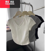 YIBUSHENGbaby蓝色正肩短袖T恤女2024季新款纯色显瘦修身褶皱收腰短上衣