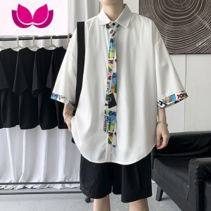 七斓薄荷绿领带衬衫男七分袖夏季薄款冰丝外套设计感小众潮牌短袖衬衣