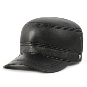 慕熙威尔老人帽子男秋冬季加绒真皮帽子男士羊皮平顶帽防寒防风保暖护耳帽鸭舌帽户外休闲中老年爸爸爷爷帽子 黑色