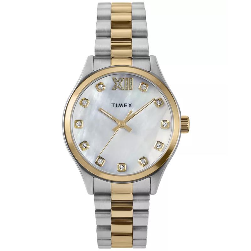 Timex 女士两 tone 不锈钢母贝镶钻防水腕表日常通勤商务石英手表