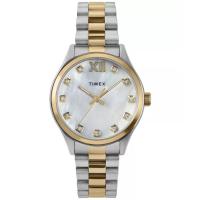 Timex 女士两 tone 不锈钢母贝镶钻防水腕表日常通勤商务石英手表
