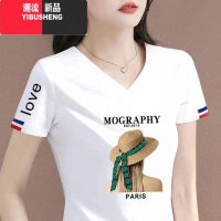 YIBUSHENG韩系2024季新款白色V领短袖t恤女韩版宽松显瘦时尚百搭上衣