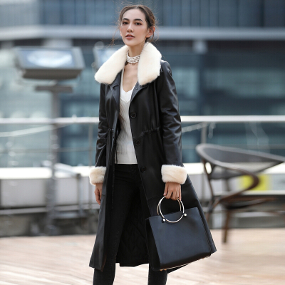 冬真皮皮衣女绵羊皮加棉中长款水貂毛领修身外套黑色CYDDWQE