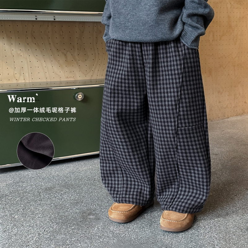 童酷男童冬款韩版毛呢宝宝格子裤拼接加厚一体绒儿童休闲裤潮