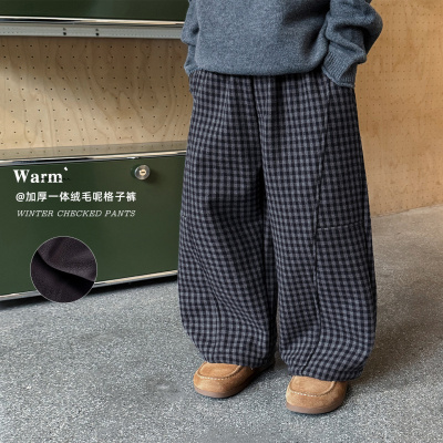 童酷男童冬款韩版毛呢宝宝格子裤拼接加厚一体绒儿童休闲裤潮