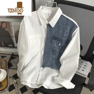 YANXU日系潮牌牛仔拼接长袖衬衫男小众设计感高街情侣宽松休闲白色衬衣