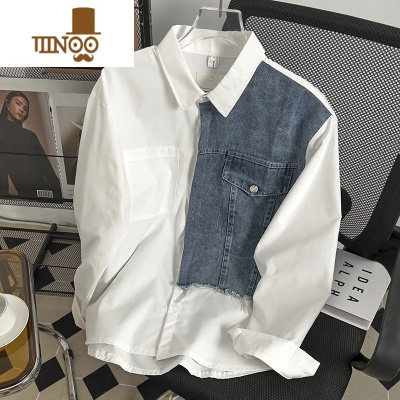 YANXU日系潮牌牛仔拼接长袖衬衫男小众设计感高街情侣宽松休闲白色衬衣