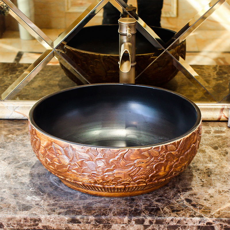 陶瓷艺术盆卫生间台上盆圆形仿古洗脸盆复古洗手盆家用台盆面盆