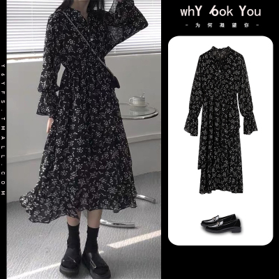 新款2021年新款春装法式复古赫本雪纺设计感小众碎花连衣裙子女装春秋