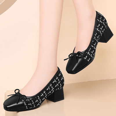 WATERCOLOR水之彩浅口单鞋女鞋方头皮鞋2021年新款春季中跟粗跟舒适妈妈鞋5424