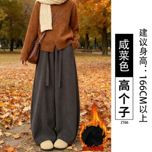 黑色加绒裤子冬装女加厚灯芯绒裤小个子高腰显瘦休闲阔腿长裤