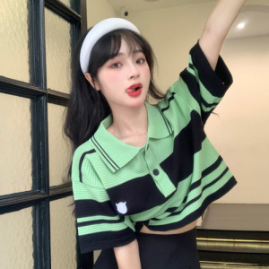 复古polo领条纹T恤女夏季新款宽松INS短款设计感别致短袖针织上衣