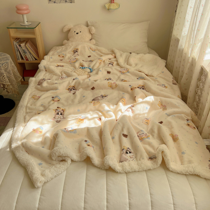 可爱猫咪羊羔绒牛奶绒休闲毛毯秋冬加厚珊瑚绒沙发盖毯少女午睡毯