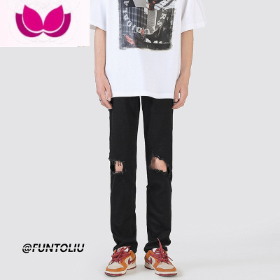 七斓黑色破洞牛仔裤男女设计感直筒宽松美式高街潮ins裤子休闲裤