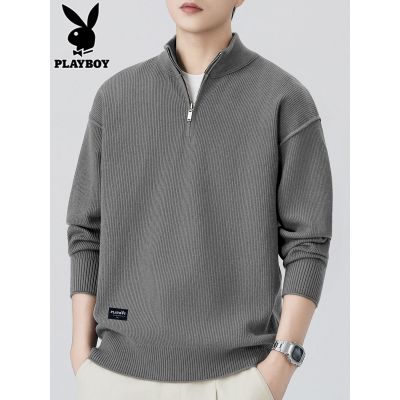 花花公子半拉炼毛衣男士立领线衣秋季新款宽松休闲打底针织衫男装