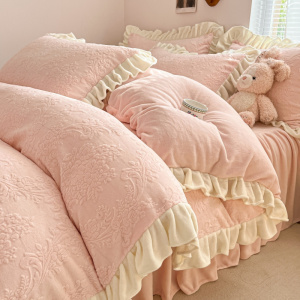 公主风花牛奶绒床上四件套冬季加厚珊瑚绒花边被套床单床笠床品