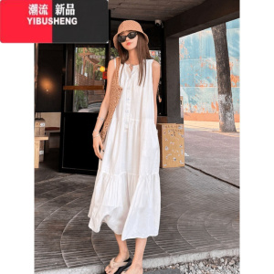 YIBUSHENG法式气质白色背心连衣裙女2024季新款慵懒时尚宽松拼接无袖长裙