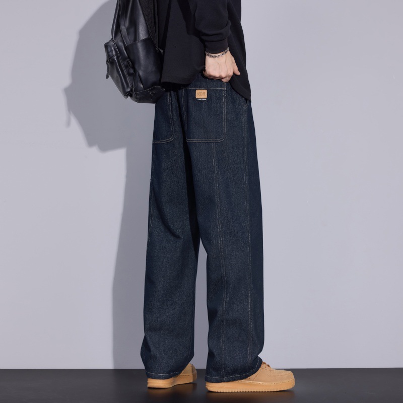 复古高阶丹宁男裤 深靛蓝原牛宽松阔腿 春秋潮牌直筒牛仔长裤子