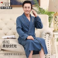啄木鸟春秋季薄款男士纯棉长袖睡袍大尺码宽松系带款睡衣中长版浴衣
