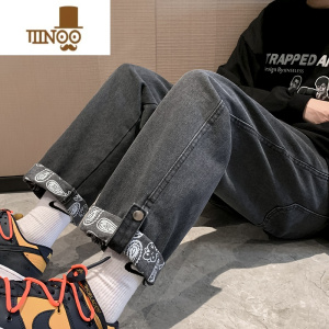 YANXU牛仔裤男潮流宽松直筒vibe风阔腿裤chic港风休闲复古翻边裤子