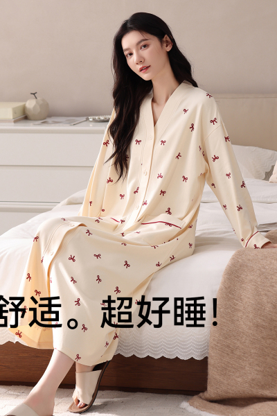 猫人纯棉睡裙女款春秋季睡衣秋天可外穿中长裙家居服裙子新款