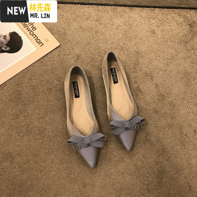 林先森蝴蝶结尖头单鞋女平底浅口仙女风伴娘鞋2021新款百搭软底工作鞋休闲鞋