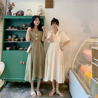 再说夏季中长款纯色连衣裙女A字裙子学生韩版宽松小清新短袖