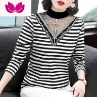 七斓短袖打底衫女洋气内搭上衣服V领条纹蕾丝小衫中年妈妈长袖t恤