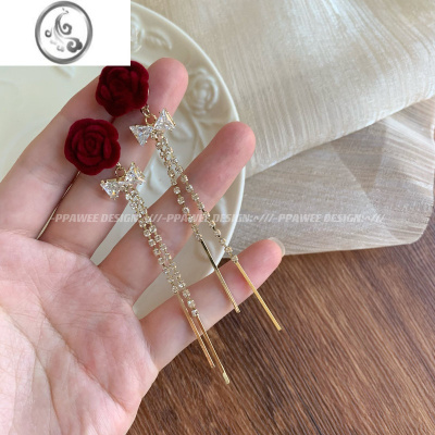 JiMi钻石凡尔赛干枯玫瑰耳环酒红色丝绒花朵耳饰法式复古耳钉长款耳夹