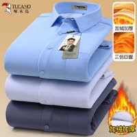 啄木鸟秋冬季纯色保暖衬衫男加绒加厚长袖商务免烫衬衣中年爸爸装