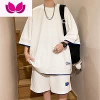 七斓华夫格休闲套装男士夏季短袖t恤男装一套搭配帅气潮牌运动上衣服
