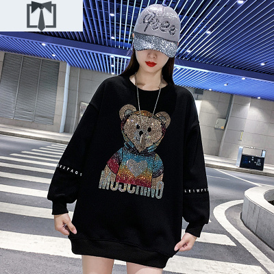 SUNTEK中长款烫钻小熊卫衣女加绒加厚宽松韩版2020新款秋冬圆领黑色上衣卫衣