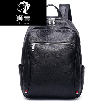 狮壹（Lionone）双肩包男背包软皮男士旅行大容量简约休闲电脑包潮韩版书包黑色