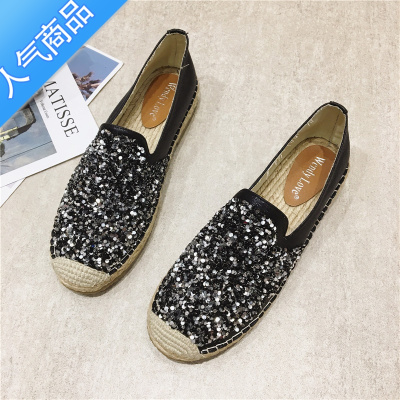 SUNTEK2023年新款小香风渔夫鞋女平底休闲单鞋亮片一脚蹬厚底乐福鞋百搭