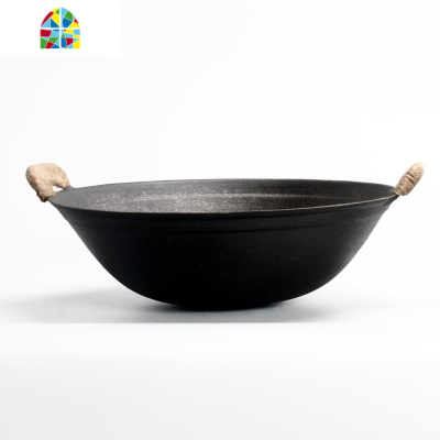 双耳铁锅老式家用生铁炒锅圆底无涂层大铁锅熟铁炒菜锅锅 FENGHOU 1代轻便36cm双耳锅[深13cm]