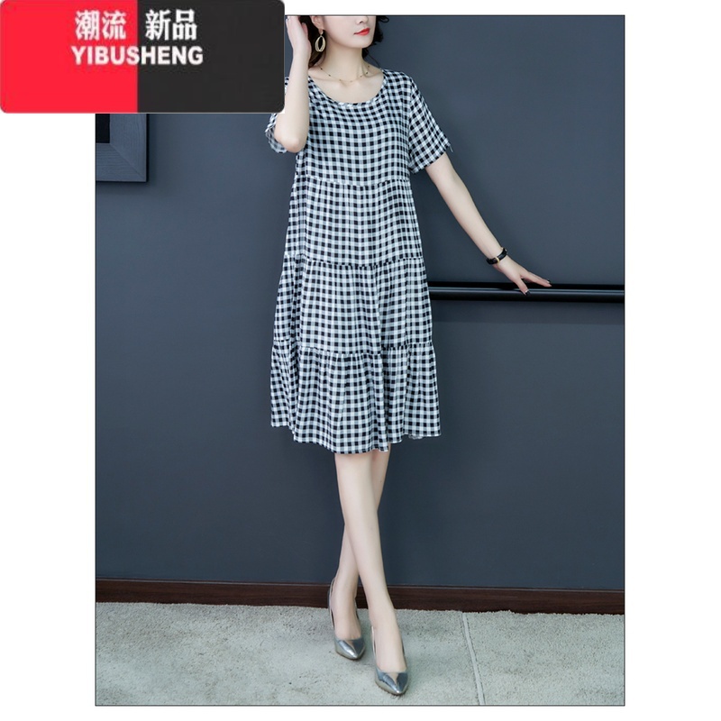 YIBUSHENG碎花民族风棉绸连衣裙女时尚外穿中长款到膝宽松显瘦短袖人造棉