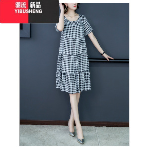 YIBUSHENG碎花民族风棉绸连衣裙女时尚外穿中长款到膝宽松显瘦短袖人造棉