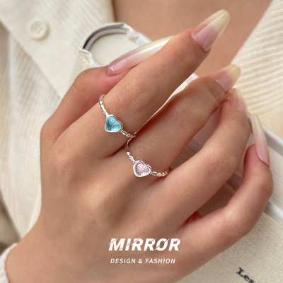 925纯银不规则粉蓝爱心戒指女指环尾戒个性可爱礼物ins风潮送女朋友老婆情人节七夕生日礼物